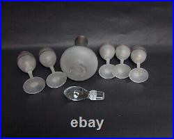 Vintage Silver Overlay Frosted Glass Liquor Decanter w Stopper & 5 Pc Cordial