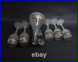 Vintage Silver Overlay Frosted Glass Liquor Decanter w Stopper & 5 Pc Cordial