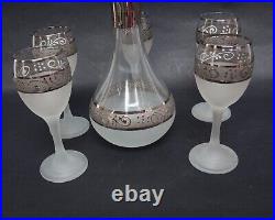 Vintage Silver Overlay Frosted Glass Liquor Decanter w Stopper & 5 Pc Cordial