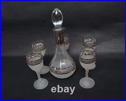 Vintage Silver Overlay Frosted Glass Liquor Decanter w Stopper & 5 Pc Cordial