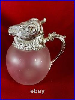 Vintage? Silver Plate Rams Head Frosted Glass Pitcher Wine Decanter Claret Jug