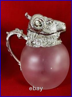 Vintage? Silver Plate Rams Head Frosted Glass Pitcher Wine Decanter Claret Jug