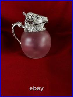 Vintage? Silver Plate Rams Head Frosted Glass Pitcher Wine Decanter Claret Jug