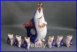 Vintage Soviet Russian Fish Decanter Porcelain Set Vodka Sake Shot Glass 6 Cups
