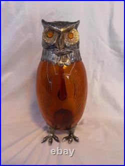 Vintage Spanish Alpaca Silver Plate Amber Glass Owl Decanter Ewer Jug Spain