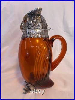 Vintage Spanish Alpaca Silver Plate Amber Glass Owl Decanter Ewer Jug Spain