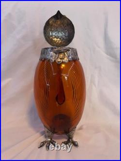 Vintage Spanish Alpaca Silver Plate Amber Glass Owl Decanter Ewer Jug Spain