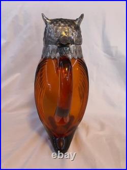 Vintage Spanish Alpaca Silver Plate Amber Glass Owl Decanter Ewer Jug Spain