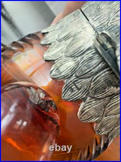 Vintage Spanish Alpaca Silver Plate Amber Glass Owl Decanter Ewer Jug Spain