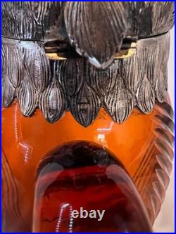 Vintage Spanish Alpaca Silver Plate Amber Glass Owl Decanter Ewer Jug Spain