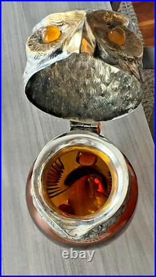 Vintage Spanish Alpaca Silver Plate Amber Glass Owl Decanter Ewer Jug Spain Vintage Spanish Alpaca Silver Plate Amber Glass Owl Decanter Ewer Jug Spain