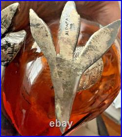 Vintage Spanish Alpaca Silver Plate Amber Glass Owl Decanter Ewer Jug Spain