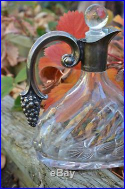 Vintage Sterling Silver & Cut Glass Crystal Grape Motif German Wine Decanter