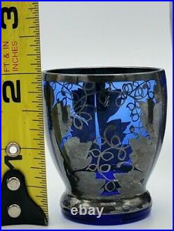 Vintage Sterling Silver Overlay Cobalt Blue Glass Decanter / Shot Glass Set 8 pc