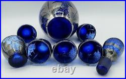 Vintage Sterling Silver Overlay Cobalt Blue Glass Decanter / Shot Glass Set 8 pc