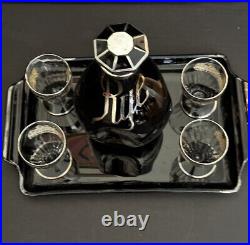 Vintage Sterling Silver Overlay Glass Rye Decanter Tray & Glass set Fox Hunt