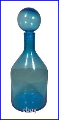 Vintage Style MCM Mid Century Blue Bubble Art Glass Decanter withBall Stopper