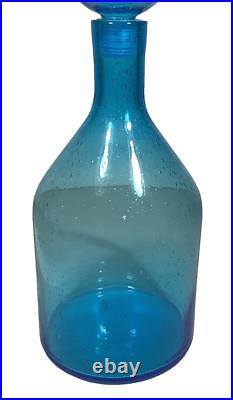 Vintage Style MCM Mid Century Blue Bubble Art Glass Decanter withBall Stopper