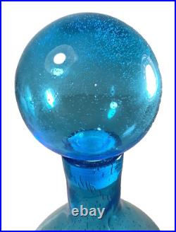 Vintage Style MCM Mid Century Blue Bubble Art Glass Decanter withBall Stopper