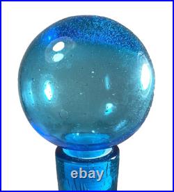 Vintage Style MCM Mid Century Blue Bubble Art Glass Decanter withBall Stopper