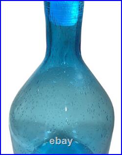 Vintage Style MCM Mid Century Blue Bubble Art Glass Decanter withBall Stopper