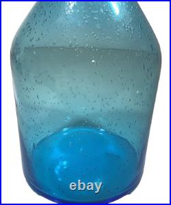 Vintage Style MCM Mid Century Blue Bubble Art Glass Decanter withBall Stopper