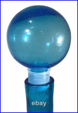 Vintage Style MCM Mid Century Blue Bubble Art Glass Decanter withBall Stopper