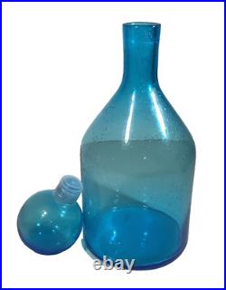 Vintage Style MCM Mid Century Blue Bubble Art Glass Decanter withBall Stopper