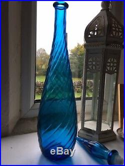 Vintage Swirl Blue Empoli Glass Decanter Genie Bottle Italy 1960s MCM 22.5