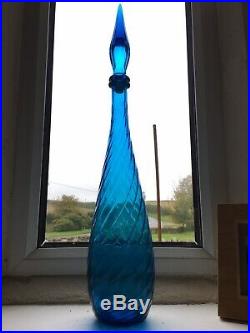 Vintage Swirl Blue Empoli Glass Decanter Genie Bottle Italy 1960s MCM 22.5