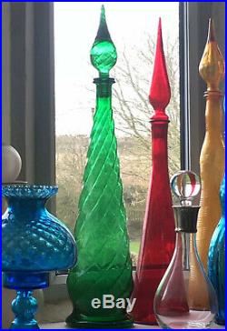 Vintage Swirl Glass Emerald Green Genie Bottle 1960s Italian Empoli Decanter