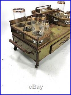 Vintage Table Top Liquor Bar Set Decanters Bourbon Scotch Cart Metal Rustic