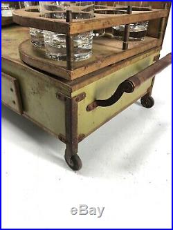 Vintage Table Top Liquor Bar Set Decanters Bourbon Scotch Cart Metal Rustic