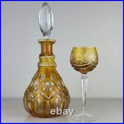 Vintage Tall Amber Cut Crystal Decanter With Stopper And NACHTMANN Wine Glass