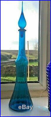 Vintage Tall Blue Glass Genie Bottle 1960s Italian Empoli Decanter Mcm