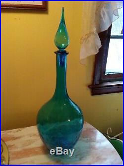 Vintage Tall Italian Empoli Blue Decanter With Flame Stopper