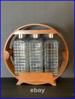 Vintage Tantalus Liquor Decanter Set Glass Bottles Wooden Cabinet Holder with Lock