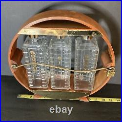 Vintage Tantalus Liquor Decanter Set Glass Bottles Wooden Cabinet Holder with Lock