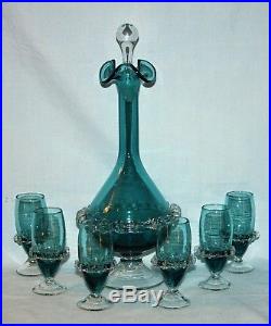 Vintage Teal Aqua Blue Art Glass Decanter Liqueur Liquor Set Artisan