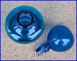 Vintage Teal Blue Glass Decanter with Large Round Ball Stopper Blenko