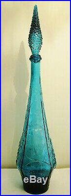Vintage Teal Blue Italian Art Glass Cherry Pattern Genie Bottle Decanter