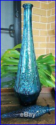 Vintage Teal Blue Italian Art Glass Cherry Pattern Genie Bottle Decanter