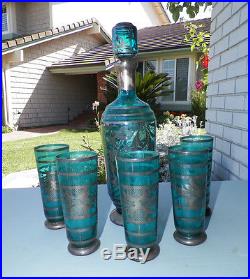 Vintage Teal Blue Italian Glass Decanter With Five (5) Glasses Silver Overlay