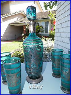 Vintage Teal Blue Italian Glass Decanter With Five (5) Glasses Silver Overlay