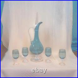Vintage Teal Blue empoli glass decanter With 4 Glasses italian Made 14 Tall