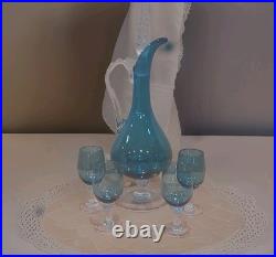 Vintage Teal Blue empoli glass decanter With 4 Glasses italian Made 14 Tall