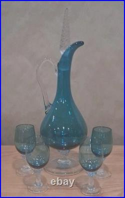 Vintage Teal Blue empoli glass decanter With 4 Glasses italian Made 14 Tall