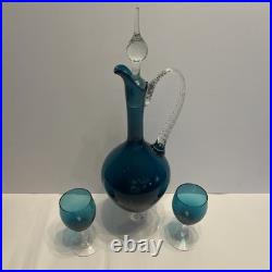 Vintage Teal Murano Empoli Glass Decanter Set with 2 Twisted Stem Glasses