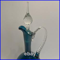 Vintage Teal Murano Empoli Glass Decanter Set with 2 Twisted Stem Glasses
