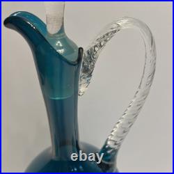 Vintage Teal Murano Empoli Glass Decanter Set with 2 Twisted Stem Glasses